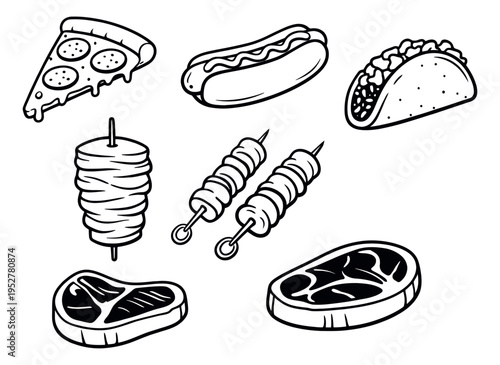Hand drawn line art fast food set featuring a pizza slice, hot dog, taco, döner kebab, meat skewers, and steaks for menus and advertising