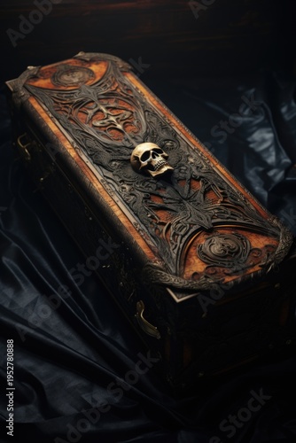 Wallpaper Mural A wooden box with a skull on top. Perfect for Halloween decorations or spooky themed projects. Torontodigital.ca