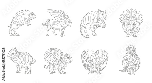 collection of stylized fantasy mythical creatures detailed line art illustrations for ancient folklore and unique animal designs