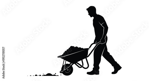 Black silhouette of man pushing wheelbarrow vector