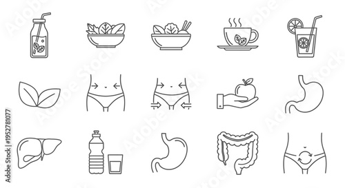healthy lifestyle line icons representing digestion diet fitness and wellness concepts on white background