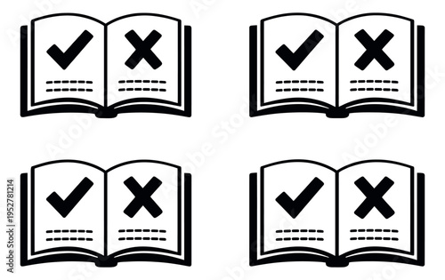 Line art open book icon set featuring checkmarks and crosses for rules and policies