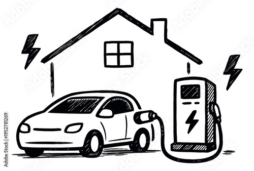 Hand drawn line art illustration of home electric vehicle charging depicting sustainable energy for modern living