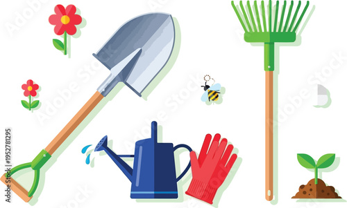 Vibrant flat design illustration depicting essential gardening tools and elements for spring planting, cultivating, and enjoying a beautiful garden.
