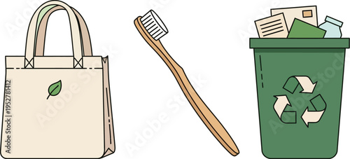 Illustration showing sustainable lifestyle choices including a reusable bag a bamboo toothbrush and a recycling bin