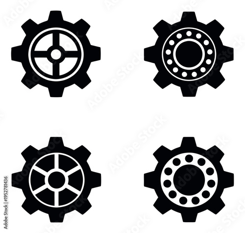 Minimalist gear icon set featuring different internal designs for engineering and technology concepts