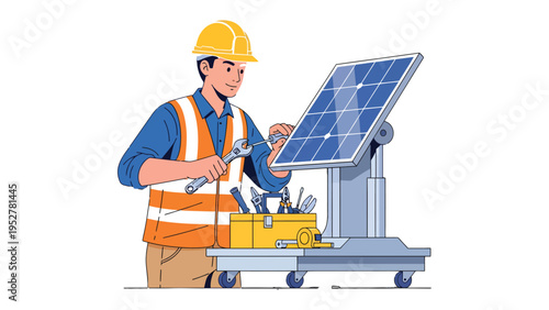 Solar Panel Technician: A skilled technician, equipped with tools, diligently inspects a solar panel, embodying the essence of sustainable energy and technical expertise.