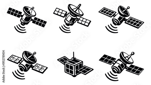 Graphic satellite set featuring various communication satellites for global networking