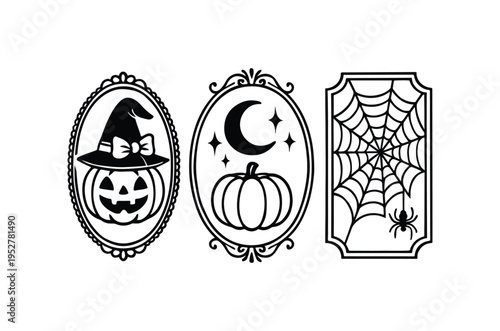 Three halloween emblems witch crescent moon and spiderweb designs