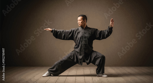Asian man in traditional black uniform performing a focused martial arts pose, showcasing ancient discipline, balance, and centered movement practice.