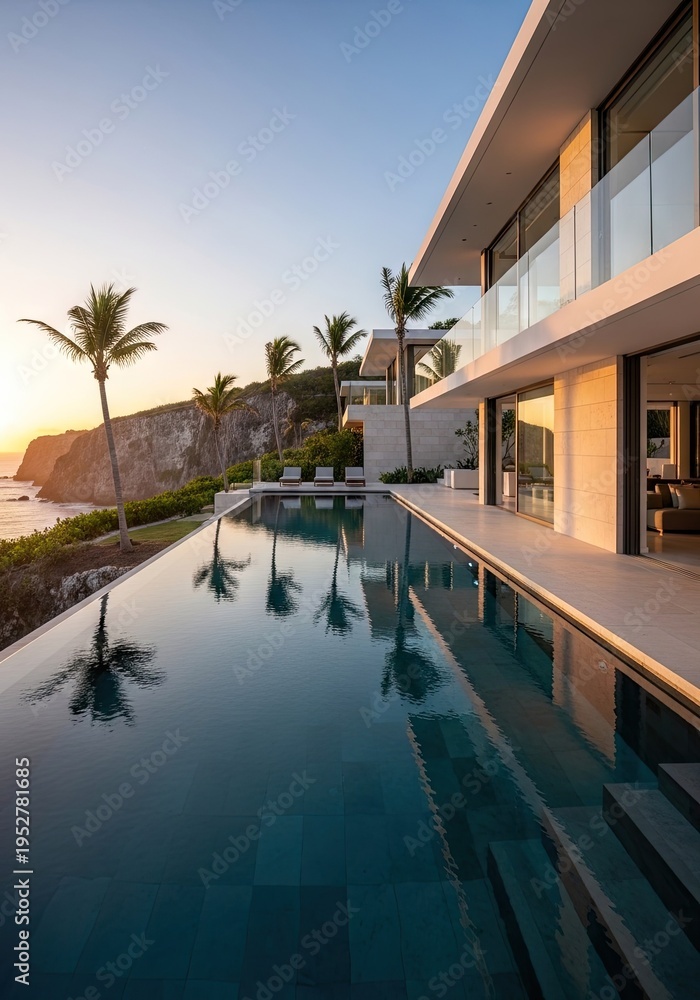 Fototapeta premium Luxurious modern residence features an infinity pool overlooking a coastal cliff at sunset