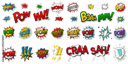 Collection of vibrant comic book style speech bubbles and action words