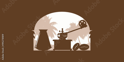 Vintage coffee grinder and beans displayed within an arched window frame