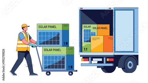 Solar Panel Installation: A dedicated worker transports solar panels, signifying a pivotal step towards a cleaner, sustainable energy future. The scene is brimming with commitment and progress.