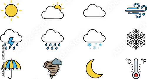 Flat Weather Icon Set with Sun, Clouds, Rain, Snow, Wind, Storm, Tornado and Temperature Symbols