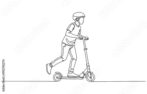 Single continuous one line art boy riding scooter. 