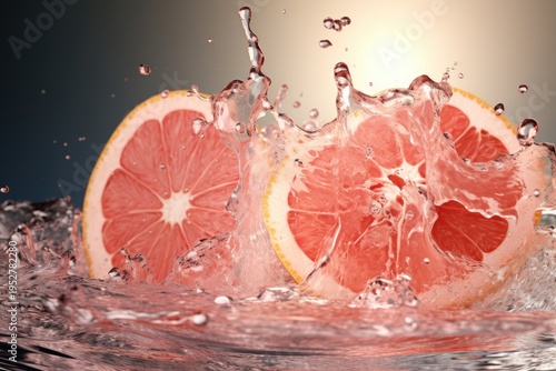 Two grapefruits are being splashed with water. This refreshing image can be used to depict freshness, hydration, or citrus fruits in various marketing materials or food-related projects.