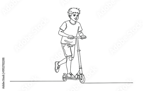 Single continuous one line art boy riding scooter. 