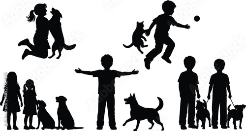 Children silhouettes with pets, dogs and cats, playful companionship, joyful outdoor activity, vector illustration, friendship, family bonding, lifestyle design, animal care, happiness