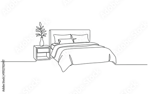 Line art drawing Continuous single of bed, plaid and flower in vase on table. 