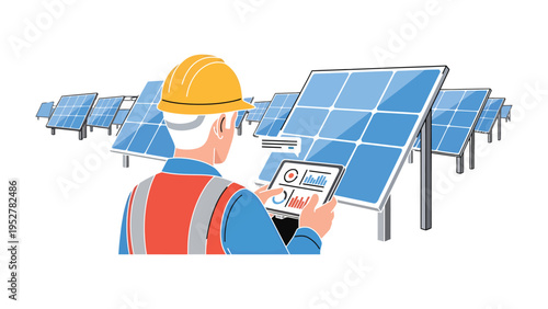 Solar Panel Inspection: An engineer meticulously inspects the performance of solar panels using a tablet, ensuring optimal efficiency and harnessing the power of renewable energy.