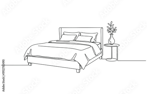 Line art drawing Continuous single of bed, plaid and flower in vase on table. 