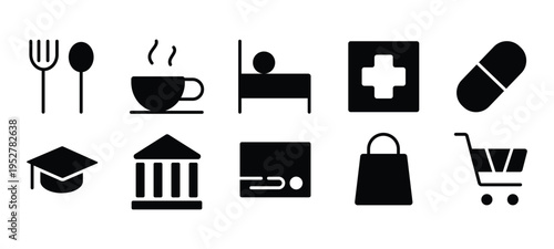 Solid Glyph Map Location POI City Services Vector Icon Set