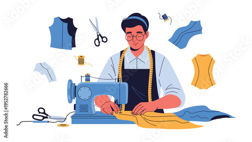 Artisan's Atelier: A skilled artisan, engrossed in his craft, meticulously operates a sewing machine, surrounded by tools of his trade and fabric.