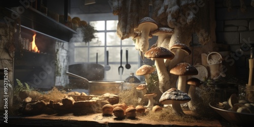 A bunch of mushrooms sitting on top of a table. This versatile image can be used for various purposes.