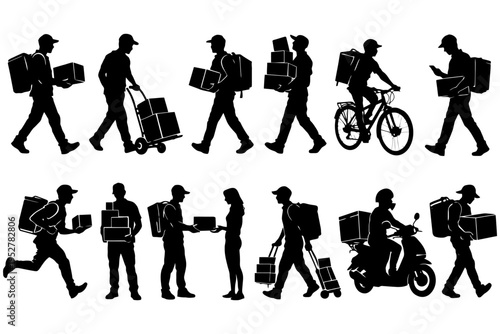 Silhouettes of delivery workers with packages and transportation methods.
