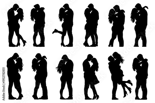 Romantic silhouettes of couples embracing and kissing.