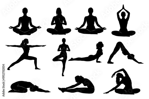 Silhouette yoga poses: meditation and exercise in various asanas.