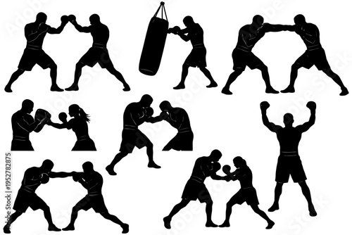 Silhouette series of boxers sparring and training with punching bag.