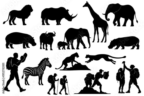 Silhouettes of diverse wild animals and adventurers in action.
