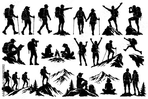 Silhouettes of diverse outdoor adventurers hiking and exploring.