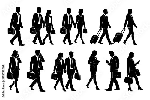 Silhouettes of business professionals commuting with luggage and briefcases.