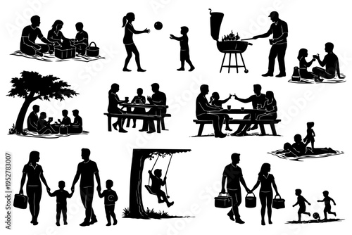 Silhouette family activities: picnic, playing, bbq, swinging.