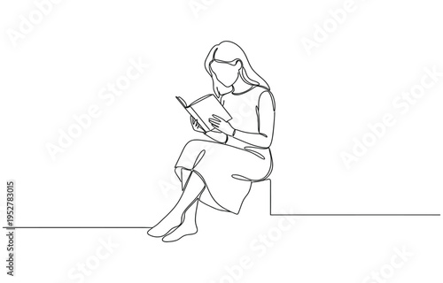 one continuous line drawing of a girl reading a book and sitting on the floor.