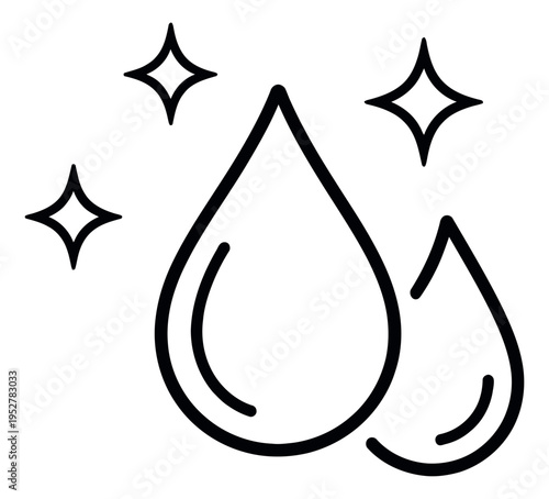 Line art illustration of shining water drops depicting freshness for cleaning and hydration