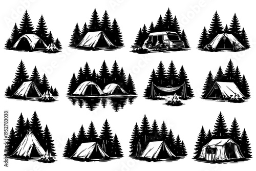 Rustic camping scenes with tents, trees, campfires, and camper van.