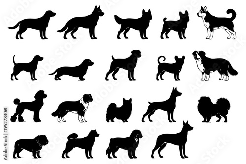 Silhouette collection of diverse dog breeds in various poses.