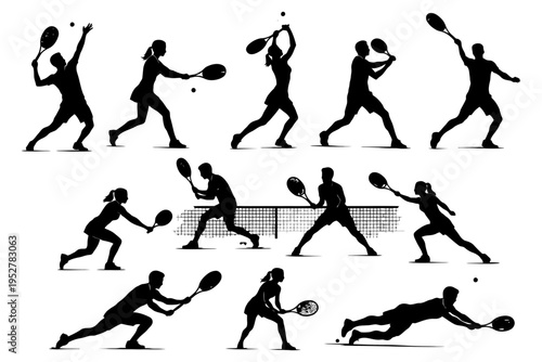 Silhouette tennis players in dynamic action poses.