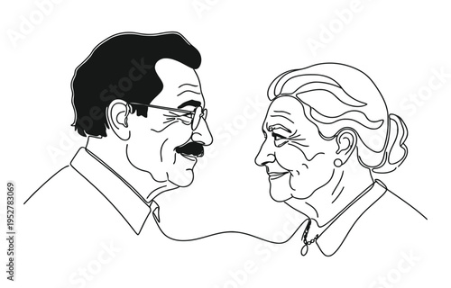 Elderly overweight man and woman with stick. Continuous one line drawing.