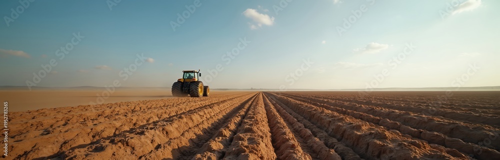Obraz premium Yellow tractor works on wide plowed field. Agricultural machine prepares earth for planting. Farm landscape under blue sky with clouds. Rural scene of cultivation.