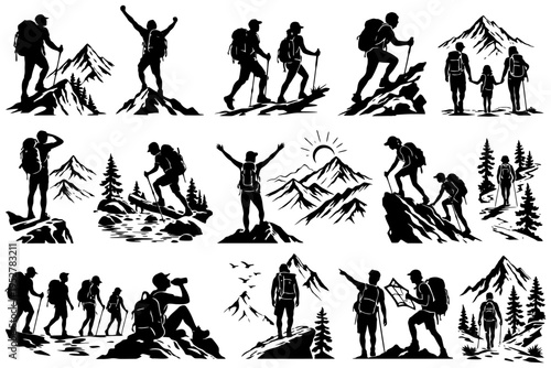 Silhouettes of hikers exploring mountain landscapes.