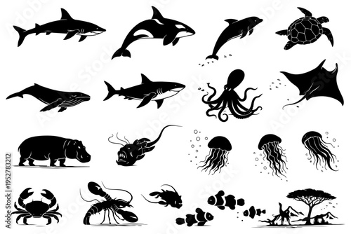 Silhouettes of marine animals and african wildlife in black and white.