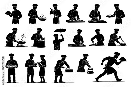 Silhouettes of chefs cooking and serving in various poses.