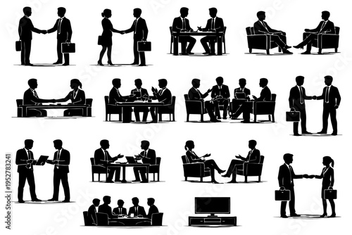 Silhouette business interactions with diverse professional meetings and handshakes.
