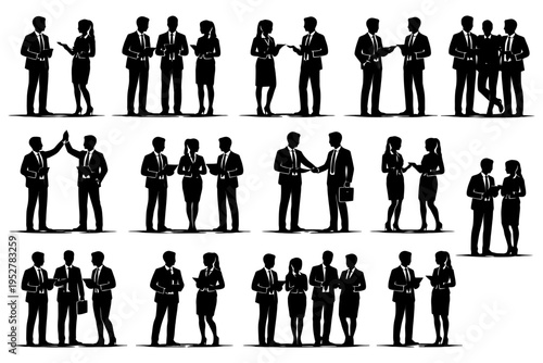 Silhouettes of business people interacting in varied professional poses.