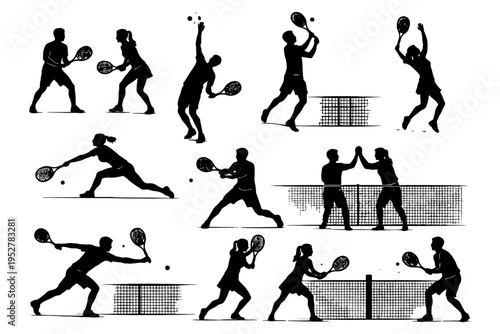 Silhouetted tennis players engaged in mixed doubles actions and poses.